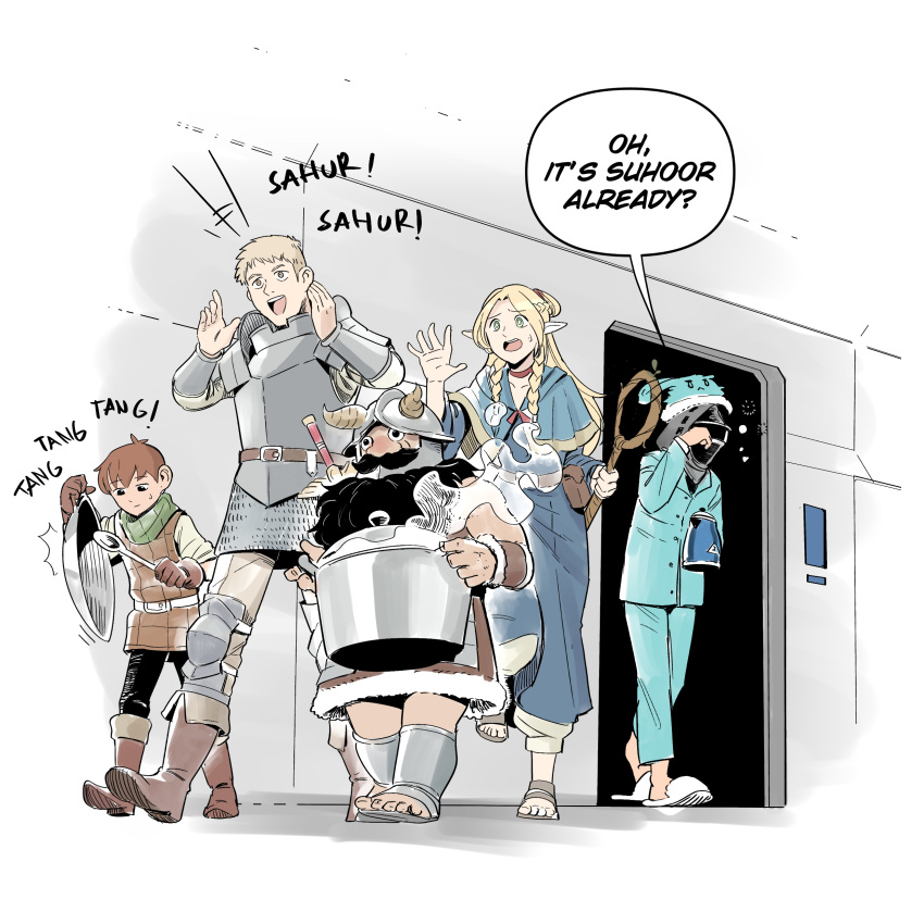 1girl, 1other, 3boys, absurdres, arknights, beard, blue_pajamas, chilchuck_tims