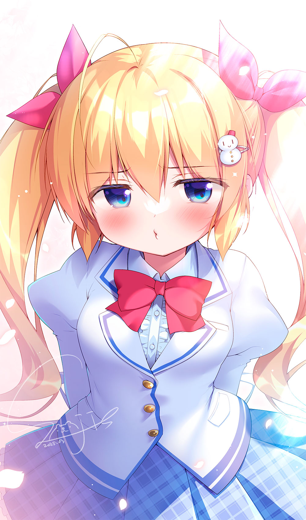 1girl, ahoge, arms_behind_back, blazer, blonde_hair, blue_eyes, blue_skirt, bow