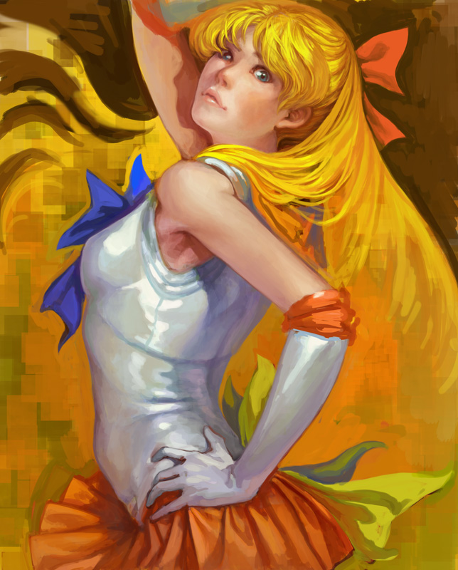 aino_minako, bishoujo_senshi_sailor_moon, blonde_hair, blue_eyes, bow, brown_background, elbow_gloves, gloves