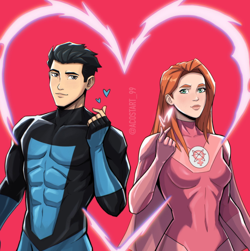 1boy, 1girl, atom_eve, black_eyes, black_hair, breasts, cape, commentary