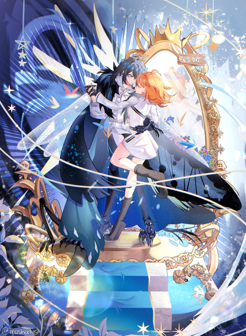 1boy, 1girl, absurdres, arm_around_waist, arthropod_boy, arthropod_limbs, black_gloves, black_hair, blue_eyes, bug, butterfly_wings, cape, centipede, closed_eyes, crown, dancing, diamond_hairband, dragonfly_wings, fate/grand_order, fate_(series), fujimaru_ritsuka_(female), fujimaru_ritsuka_(female)_(decisive_battle_chaldea_uniform), full_body, fur-trimmed_cape, fur_trim, gloves, highres, holding_hands, insect_wings, jacket, long_sleeves, medium_hair, mirror, oberon_(fate), oberon_(third_ascension)_(fate), official_alternate_hair_color, orange_hair, reflection, shirt, trashochist, white_jacket, white_shirt, wing_cape, wings