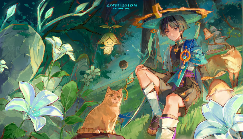 1boy, anemo_symbol_(genshin_impact), aqua_gemstone, aqua_kimono, aqua_sleeves, aranara_(genshin_impact), arm_at_side, arm_support