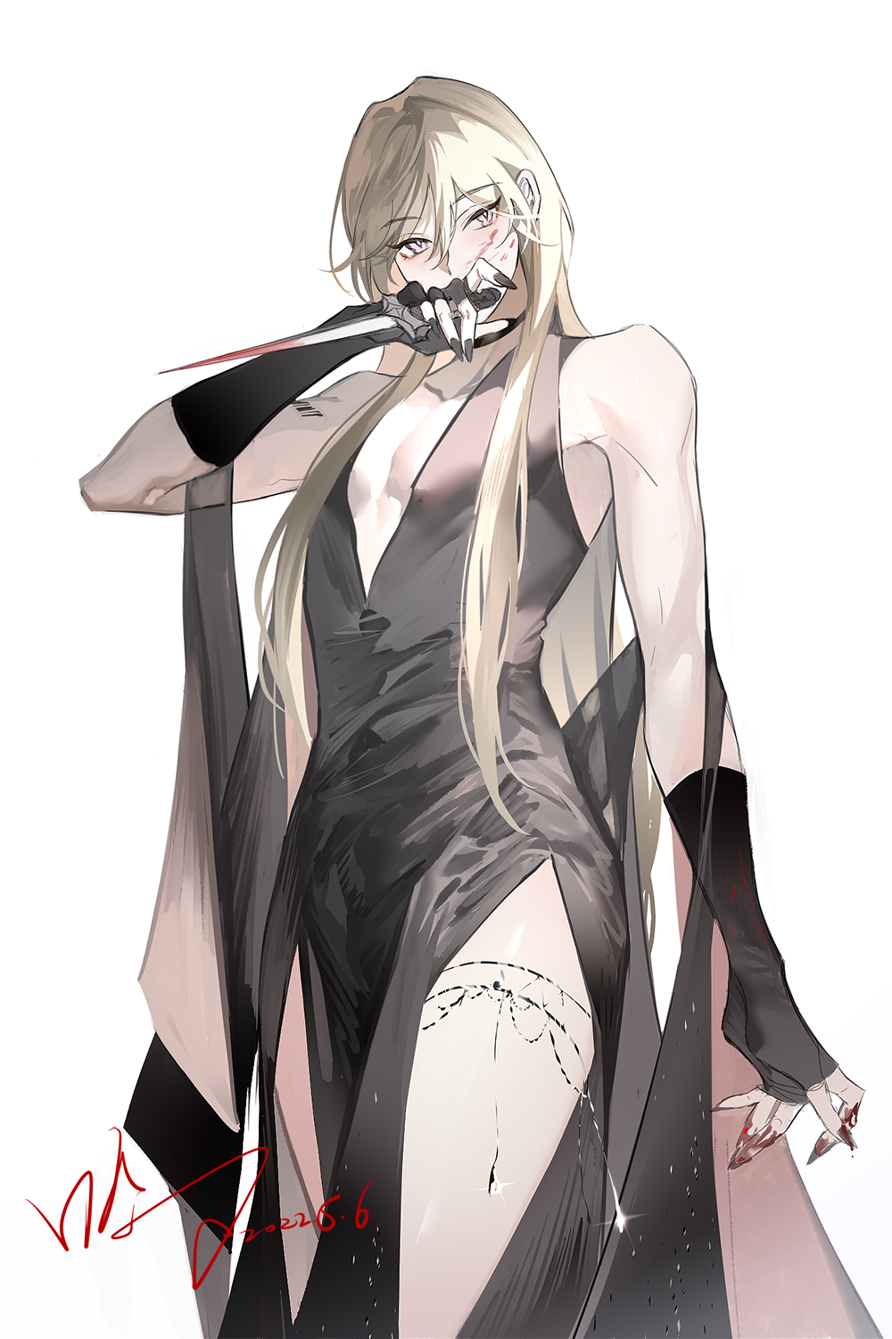 1boy, artist_name, bare_shoulders, black_dress, black_gloves, blonde_hair, blood, blood_on_weapon