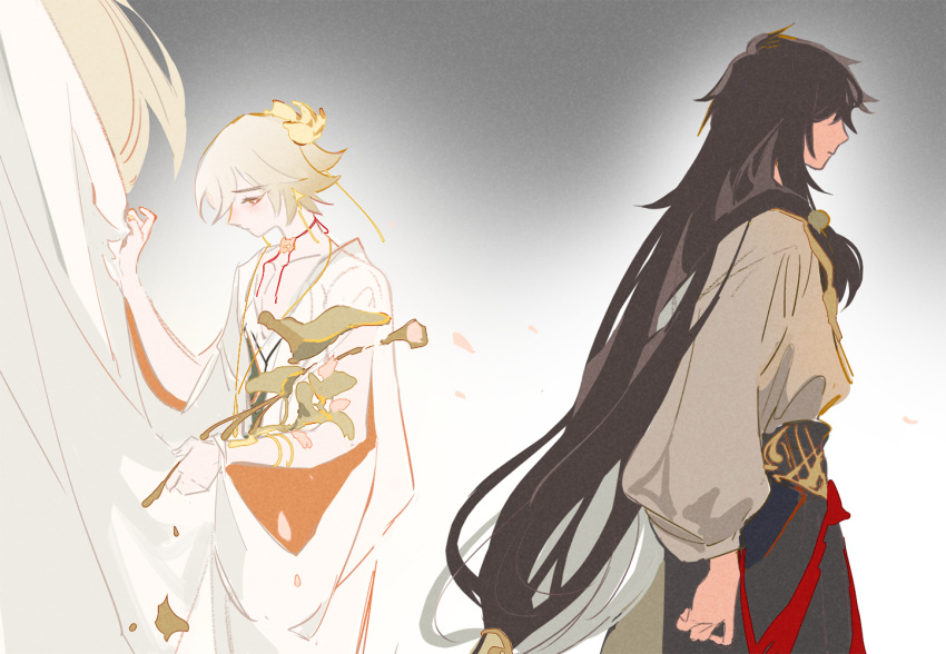 2boys, asura_(onmyoji), bishounen, black_hair, blonde_hair, closed_mouth, dark_skin, flower