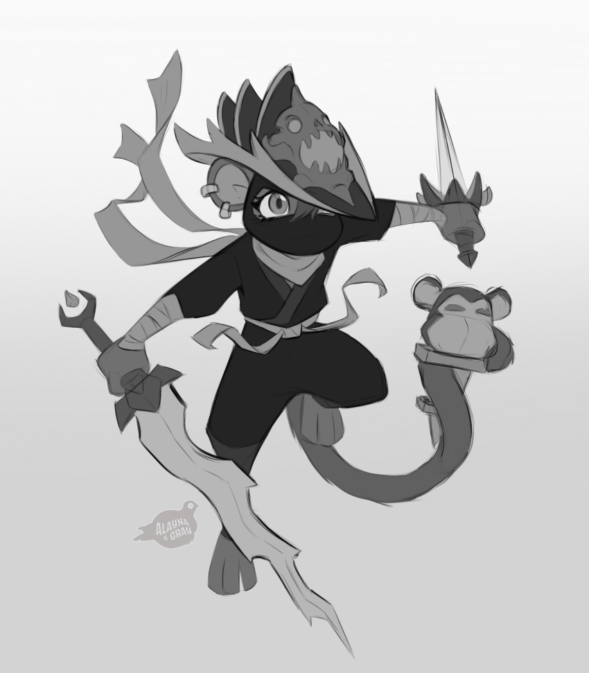 1girl, absurdres, alaynakgray, animal, animal_ears, animal_focus, asymmetrical_dual_wielding, commentary