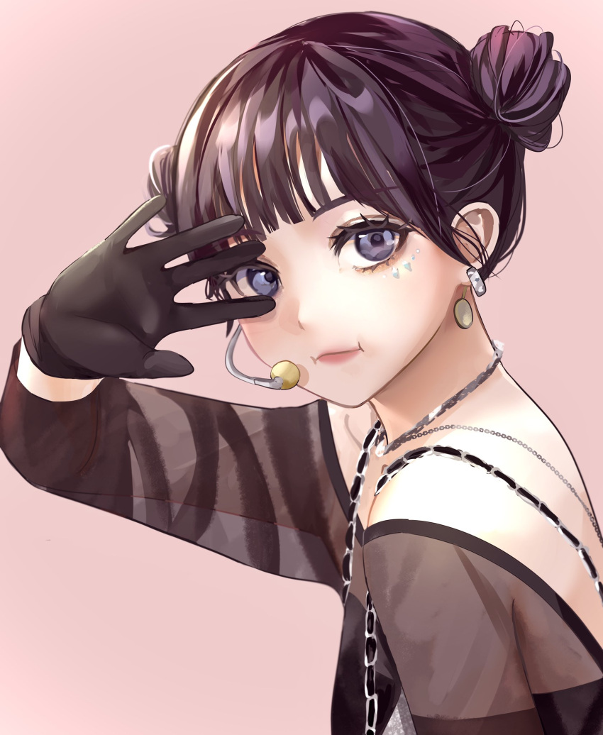 1girl, aespa, black_gloves, blue_eyes, blunt_bangs, brown_hair, chain, closed_mouth