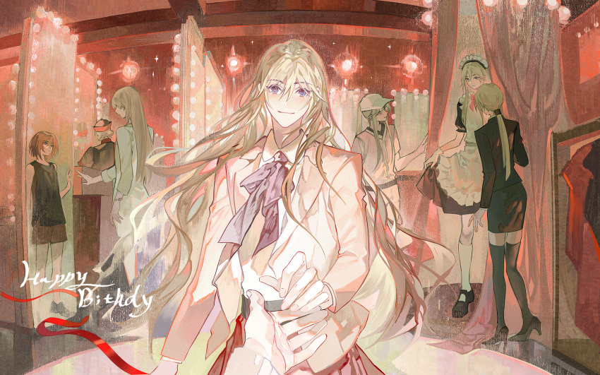 1boy, 6+others, apron, black_dress, blonde_hair, brown_hair, crossdressing, curtains