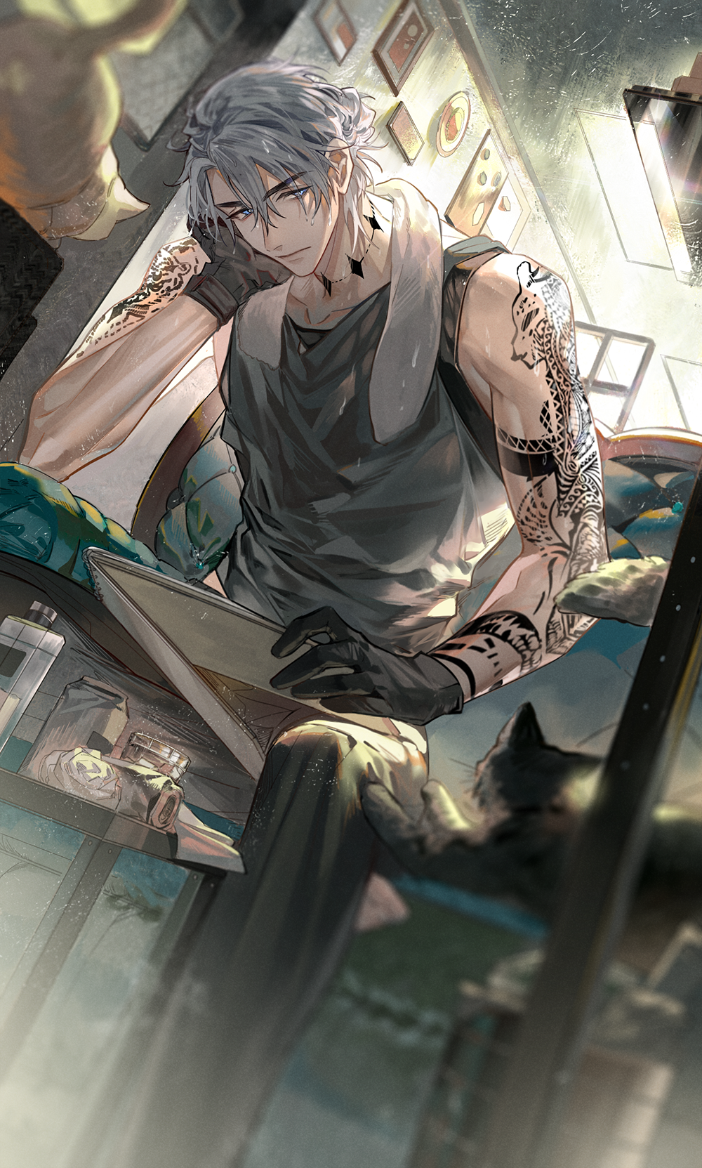 1boy, arm_tattoo, black_cat, black_gloves, black_pants, blue_eyes, cat, chair, closed_mouth, cup, gloves, grey_hair, hair_between_eyes, highres, holding, indoors, lamp, looking_at_viewer, male_focus, mirror, neck_tattoo, original, pants, photo_(object), picture_frame, shirt, short_hair, shoulder_tattoo, sitting, sleeveless, solo, table, tank_top, tattoo, towel, towel_around_neck, yinzinmiemie
