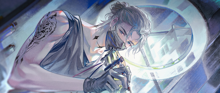 1boy, arm_tattoo, black_gloves, blue_eyes, cable, collarbone, covered_mouth, gloves
