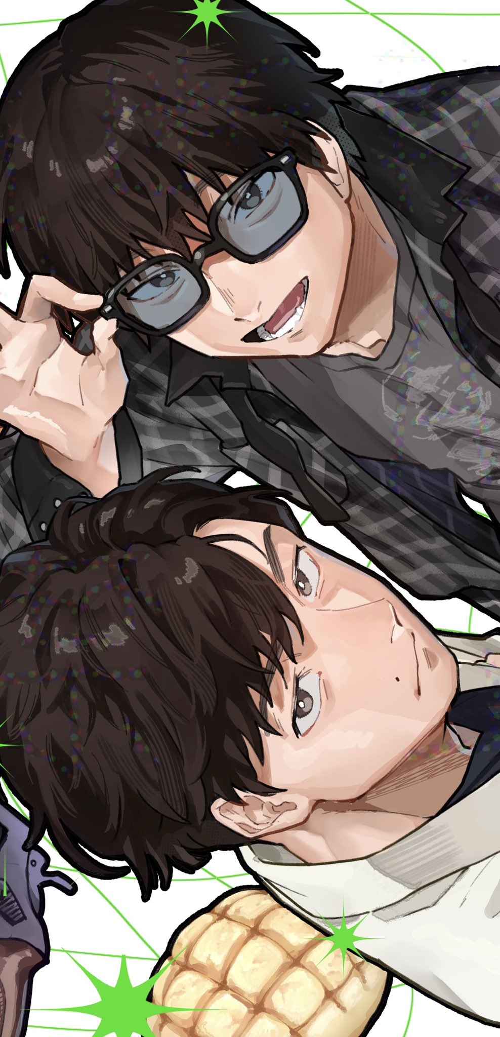 2boys, ayano_gou, bread, brown_eyes, brown_hair, closed_mouth, commentary, food, from_above, glasses, grey_shirt, gun, highres, hoshino_gen, ibuki_ai, male_focus, melon_bread, miu404, mole, multiple_boys, open_mouth, shima_kazumi, shirt, short_hair, tyeke_tyeke_yo, weapon