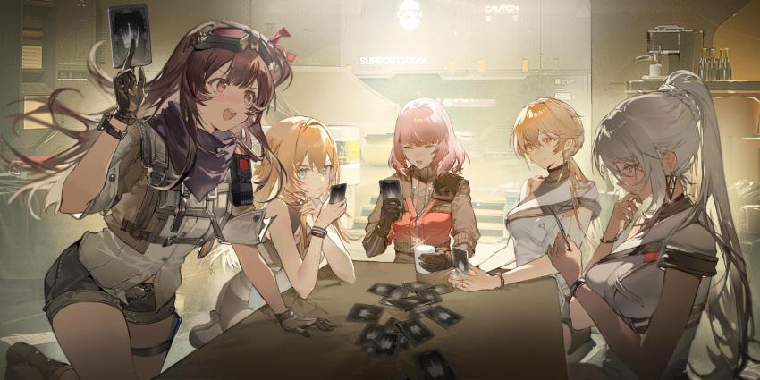 5girls, black_gloves, blonde_hair, blue_eyes, brown_eyes, brown_hair, card, card_game