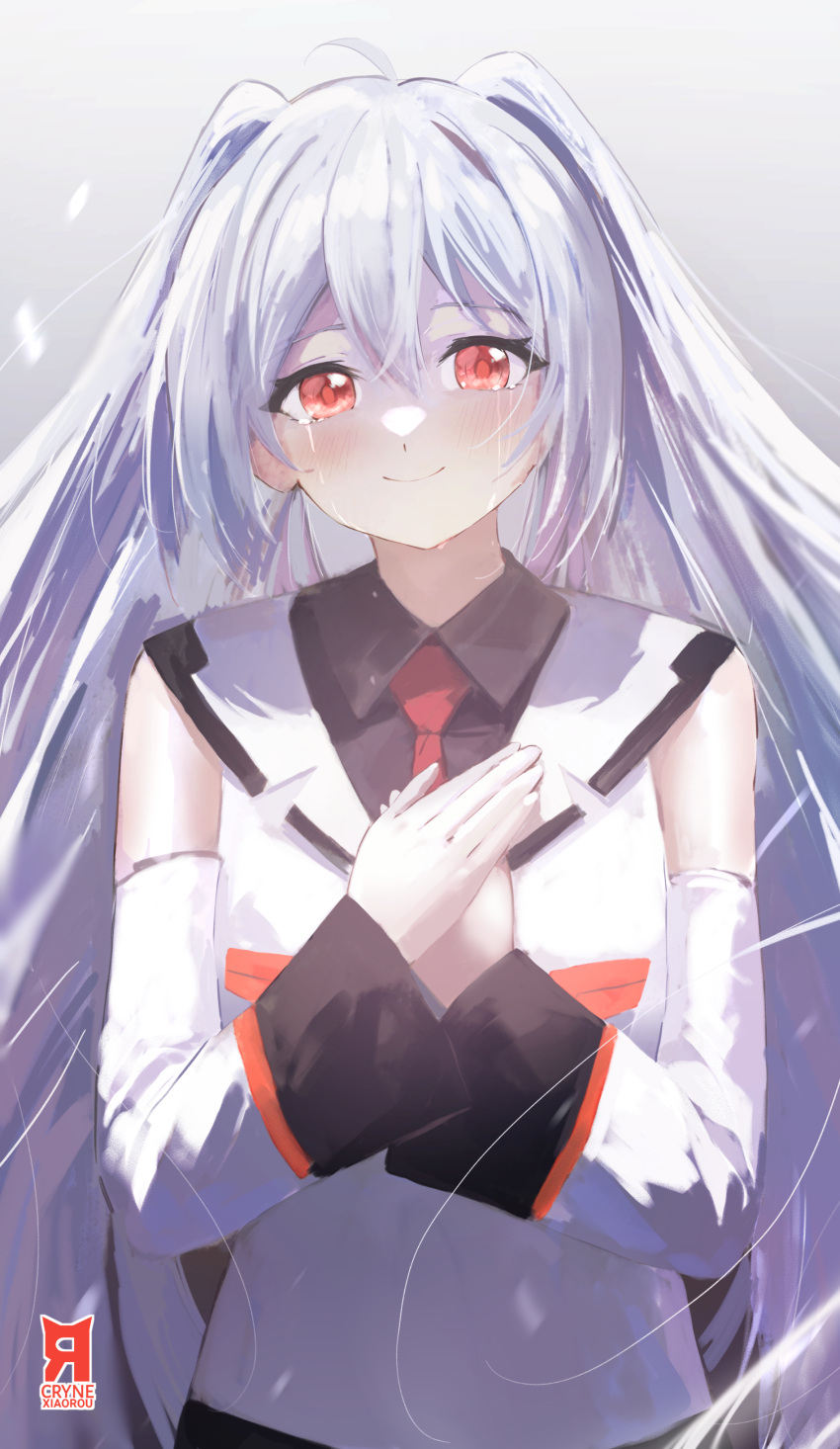 1girl, absurdres, ahoge, artist_logo, artist_name, black_shirt, blush, closed_mouth