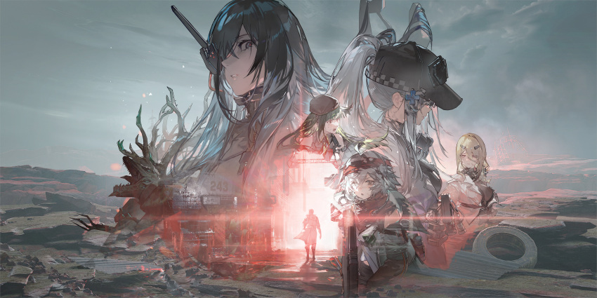 1boy, 5girls, absurdres, andoris_(girls'_frontline_2), assault_rifle, baseball_cap, belka_(girls'_frontline_2), black_hair