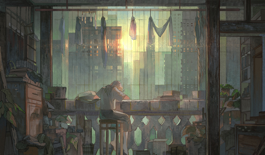 1girl, balcony, black_hair, book, brown_hair, building, chair, city