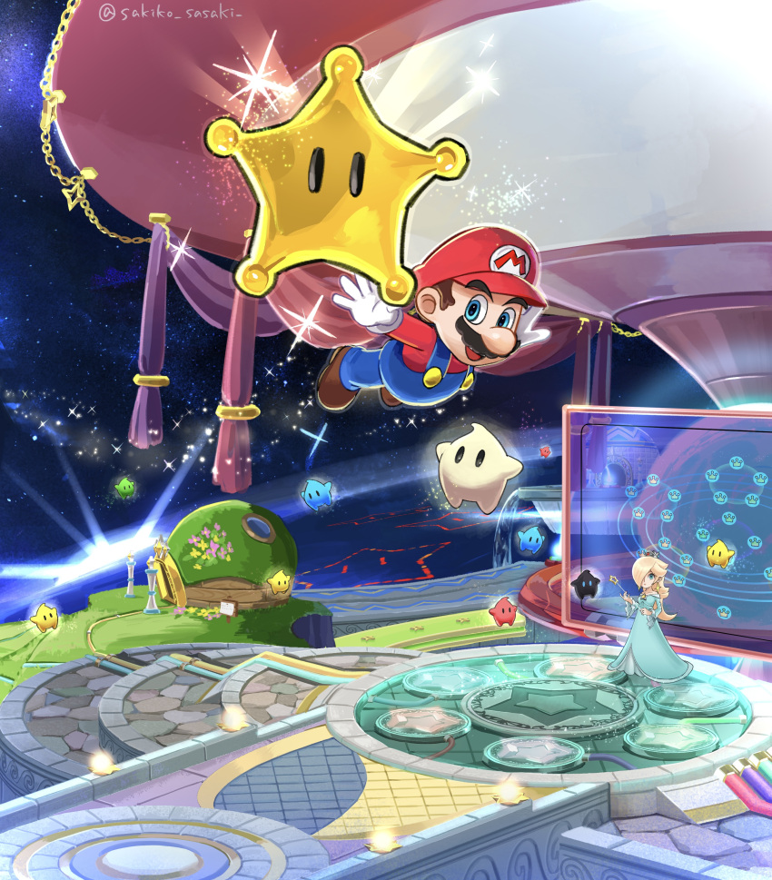 1boy, 1girl, absurdres, baby_luma, blonde_hair, blue_dress, blue_eyes, blue_luma, blue_overalls, brown_hair, brown_shoes, closed_mouth, comet_observatory, crown, dress, earrings, facial_hair, flying, full_body, gloves, grand_star_(mario), green_luma, hair_over_one_eye, hat, highres, holding, holding_wand, jewelry, long_hair, long_sleeves, luma_(mario), mario, mustache, open_mouth, overalls, polari_(super_mario_galaxy), red_hat, red_luma, red_shirt, rosalina, sasaki_sakiko, shirt, shoes, short_hair, space, star_(sky), star_(symbol), star_earrings, super_mario_bros., super_mario_galaxy, twitter_username, wand, white_gloves