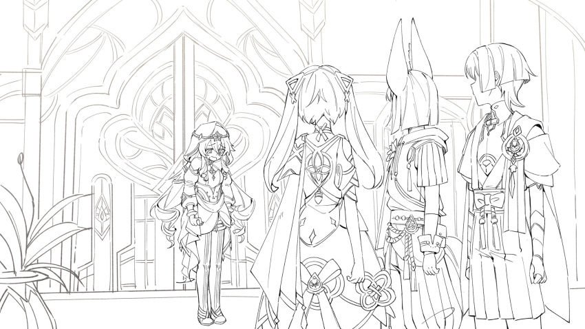 2boys, 2girls, anemo_symbol_(genshin_impact), animal_ear_fluff, animal_ears, arm_cutout, armlet, armor
