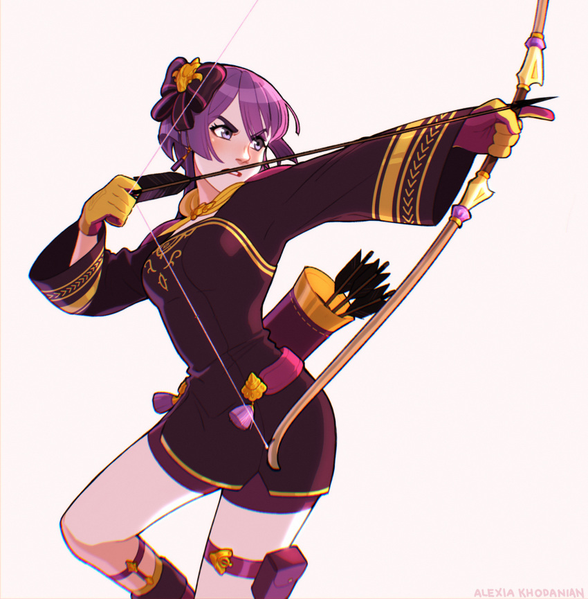 1girl, alexia_khodanian, arrow_(projectile), artist_name, belt, bernadetta_von_varley, bernadetta_von_varley_(post_timeskip), black_dress