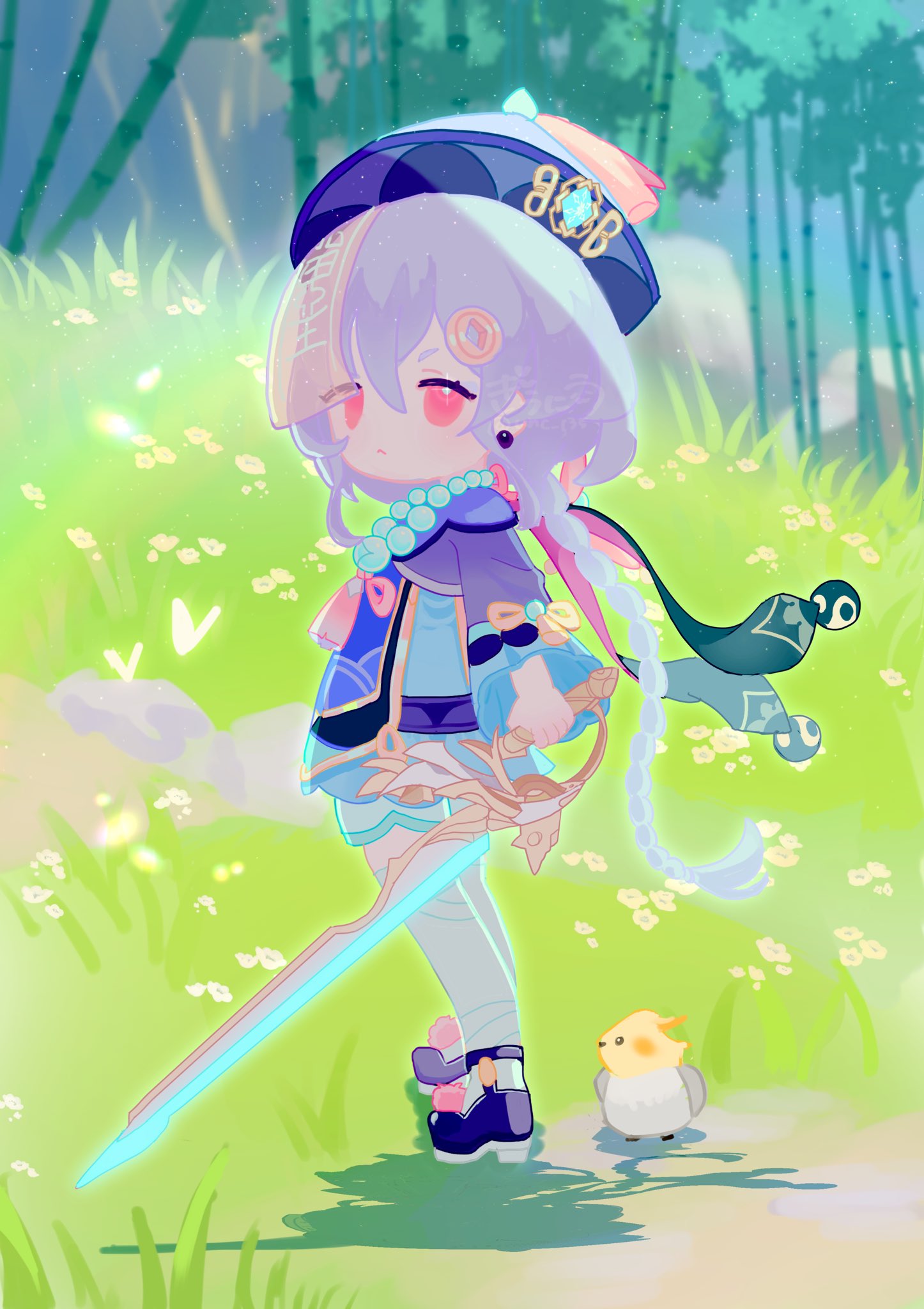 1girl, aqua_shorts, aquila_favonia_(genshin_impact), bamboo, bamboo_forest, bead_necklace, beads, bird, black_shoes, blue_dress, blurry, blurry_background, braid, braided_ponytail, cape, china_dress, chinese_clothes, closed_mouth, coin_hair_ornament, commentary_request, day, dress, earrings, flower, forest, frown, genshin_impact, giuniu_(unc_135), grass, hair_between_eyes, hair_ornament, hat, hat_tassel, highres, holding, holding_sword, holding_weapon, jewelry, light_particles, long_hair, long_sleeves, looking_at_viewer, nature, necklace, ofuda, ofuda_on_head, orb, outdoors, pom_pom_(clothes), purple_cape, purple_dress, purple_hair, purple_hat, qingdai_guanmao, qiqi_(genshin_impact), rock, serious, shadow, shoes, short_eyebrows, shorts, shorts_under_dress, sidelocks, single_braid, solo, sphere_earrings, standing, sword, tassel, thigh-highs, v-shaped_eyebrows, very_long_hair, violet_eyes, vision_(genshin_impact), weapon, white_flower, white_thighhighs, yin_yang, yin_yang_orb