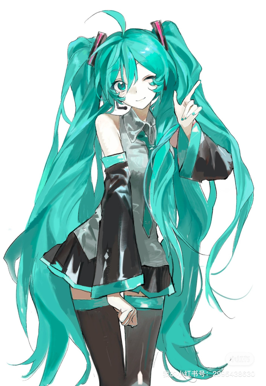 1girl, :3, ahoge, bare_shoulders, black_skirt, black_thighhighs, blinking, blue_eyes