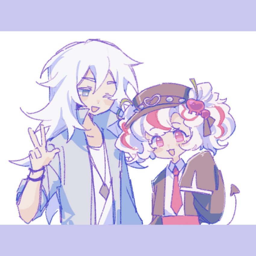 1boy, 1girl, aileanor2, blue_eyes, cookie_run, cookie_run:_kingdom, highres, humanization, long_hair, long_sleeves, looking_at_viewer, parfait_cookie, pink_hair, rockstar_cookie, shirt, short_hair, smile, tail, v, white_hair