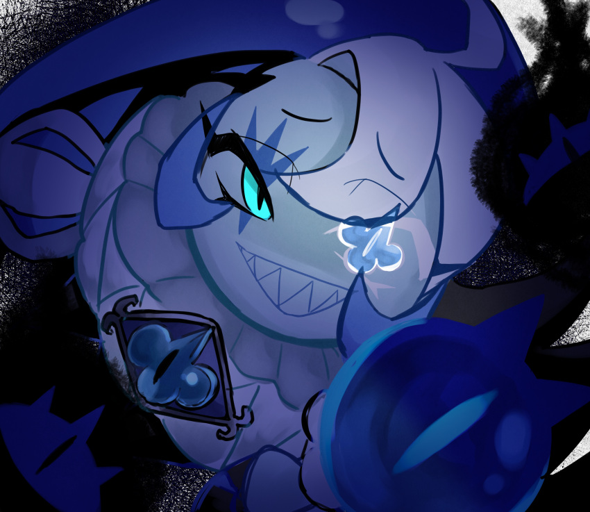 1boy, absurdres, blue_eyes, blue_hat, blue_skin, colored_skin, cookie_run, cookie_run:_kingdom, hat, highres, humanization, jester_cap, kcn_siann, long_hair, long_sleeves, looking_at_viewer, male_focus, neck_ruff, puffy_long_sleeves, puffy_sleeves, shadow_milk_cookie, simple_background, smile, solo, upper_body, very_long_hair, white_hair
