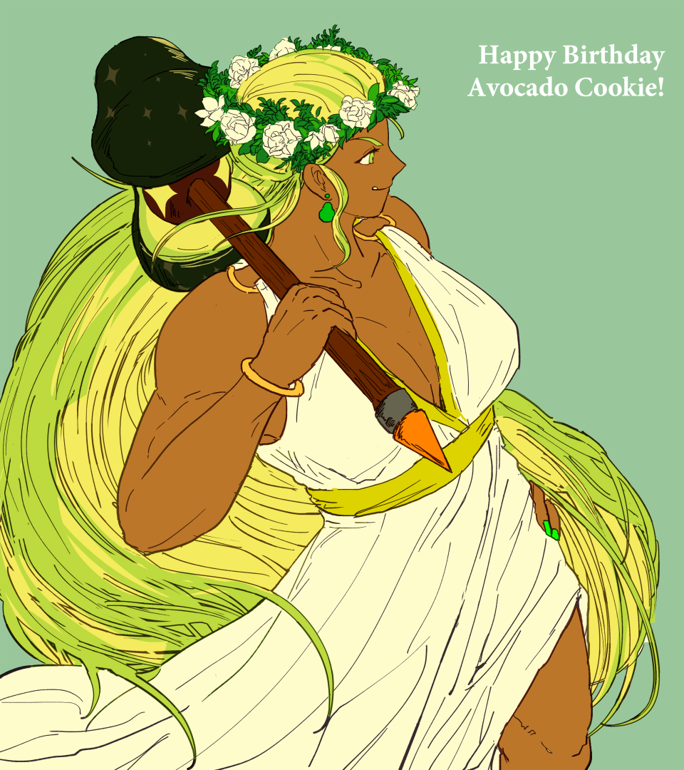 1girl, ancient_greek_clothes, apron, avocado_cookie, blacksmith, cookie_run, cookie_run:_kingdom, cugrass