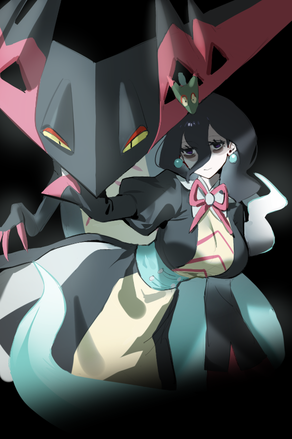 1girl, 2others, alternate_color, aqua_skin, bags_under_eyes, black_eyes, black_hair, breasts, chevron_(symbol), colored_sclera, colored_skin, dragapult, dragon, dreepy, dress, earrings, floating, ghost, ghost_tail, gradient_skin, green_dress, hair_between_eyes, half-closed_eyes, hex_maniac_(pokemon_legends:_z-a), jewelry, large_breasts, large_earrings, long_hair, long_sleeves, multiple_others, pink_claws, pink_ribbon, pokemon, pokemon_(creature), pokemon_legends:_z-a, puffy_long_sleeves, puffy_sleeves, raine_(acke2445), raised_inner_eyebrows, ribbon, sphere_earrings, violet_eyes, yellow_sclera