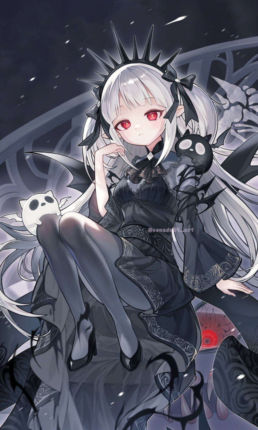 1girl, a_bao_a_qu_the_lightless_shadow, absurdres, black_background, black_bow, black_dress, black_leggings, bow