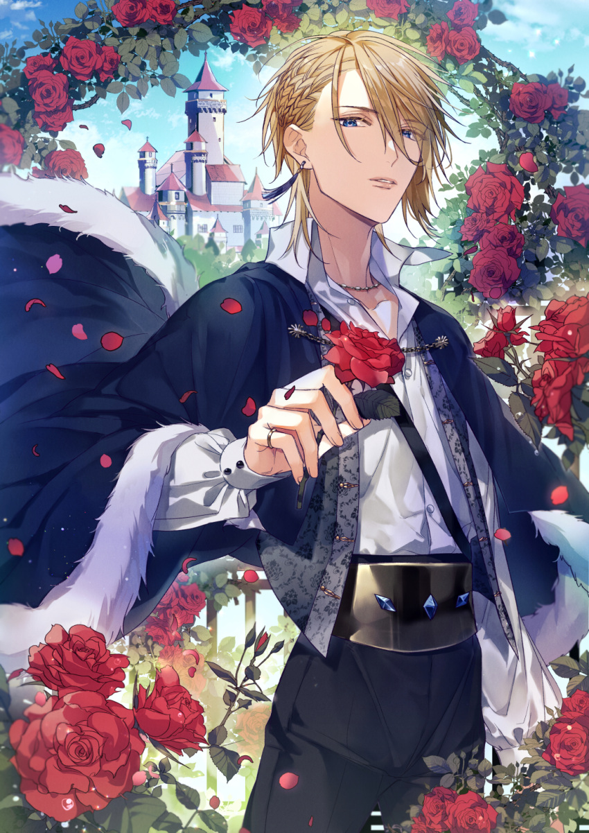 1boy, arch, black_pants, blonde_hair, blue_cape, blue_eyes, braid, braided_bangs