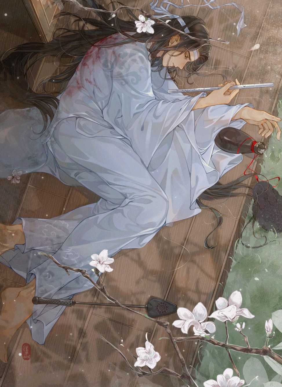 1boy, aa820733, barefoot, black_hair, black_rabbit_(animal), blood, blood_on_clothes, bottle, branch, branding_iron, chinese_clothes, closed_eyes, closed_mouth, dizi, flower, flute, foot_out_of_frame, grass, hanfu, headband, highres, holding, holding_flute, holding_instrument, instrument, lan_wangji, long_hair, long_sleeves, lying, male_focus, modao_zushi, on_side, pants, rabbit, solo, spill, transverse_flute, white_flower, white_hanfu, white_headband, white_pants, wide_sleeves