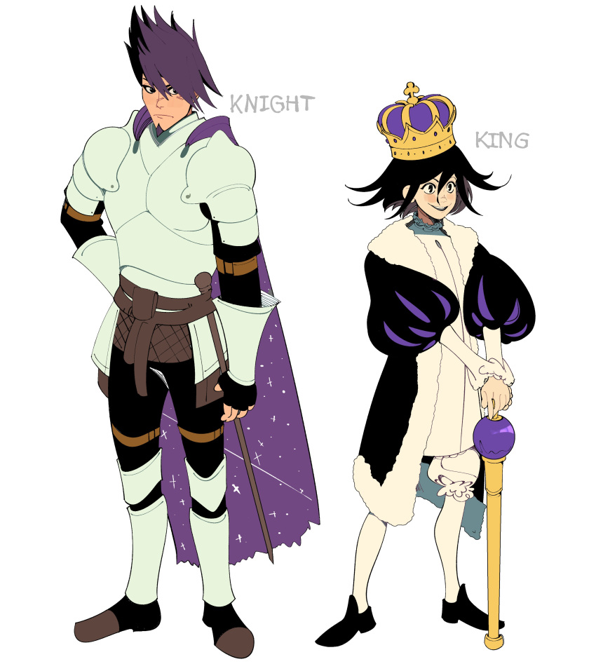 2boys, absurdres, alternate_costume, alternate_universe, armor, black_eyes, black_gloves, black_hair, blush, breastplate, cane, cape, crown, danganronpa_(series), danganronpa_v3:_killing_harmony, facial_hair, fantasy, fingerless_gloves, flipped_hair, full_body, fur-trimmed_robe, fur_trim, gloves, goatee, greaves, grin, hair_between_eyes, hand_on_own_hip, height_difference, highres, holding, holding_cane, king, knight, long_sleeves, lovepoints, male_focus, medium_hair, momota_kaito, multiple_boys, oma_kokichi, own_hands_together, pantyhose, pauldrons, plate_armor, purple_facial_hair, purple_hair, robe, royal_robe, short_hair, shorts, shoulder_armor, simple_background, smile, space_print, spiky_hair, standing, starry_sky_print, tunic, violet_eyes, white_background, white_pantyhose, white_shorts, white_tunic