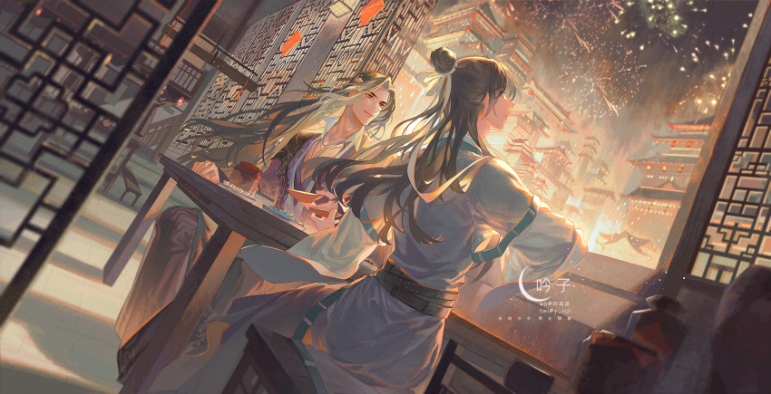 2boys, architecture, artist_name, black_hair, building, chinese_clothes, dress, dutch_angle