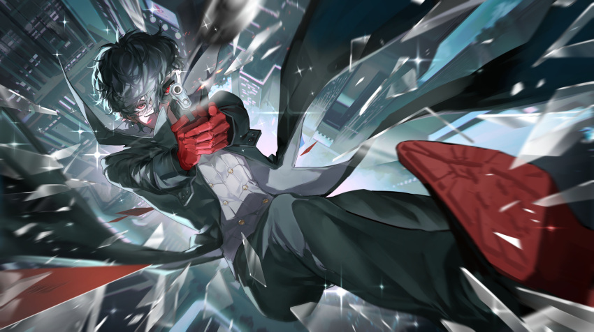 1boy, absurdres, aiming, amamiya_ren, black_coat, black_hair, black_pants, black_shoes, breaking, broken_glass, building, bullet, coat, collared_coat, commentary_request, falling, glass, gloves, grey_shirt, gun, hair_between_eyes, handgun, high_collar, highres, holding, holding_gun, holding_weapon, jingsang_w, joker_(persona_5), male_focus, mask, open_clothes, open_coat, pants, persona, persona_5, red_eyes, red_gloves, shirt, shoes, short_hair, solo, two-handed, weapon