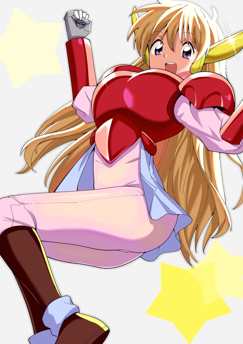 1girl, absurdres, armor, blonde_hair, bodysuit, ear_covers, foot_out_of_frame, gloves, highres, kaizou_choujin_shubibinman, kyapiko, long_hair, looking_at_viewer, open_mouth, smile, solo, star_(symbol), toku_sonchou, violet_eyes