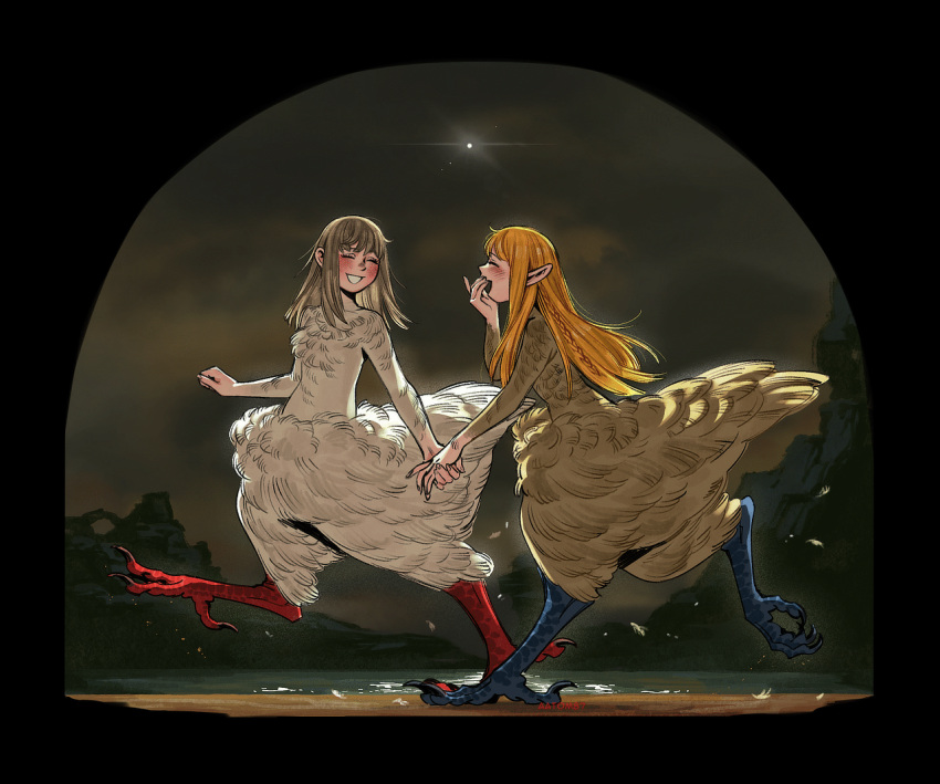 2girls, aatom87, alternate_species, bird_legs, blonde_hair, brown_hair, commentary, dungeon_meshi