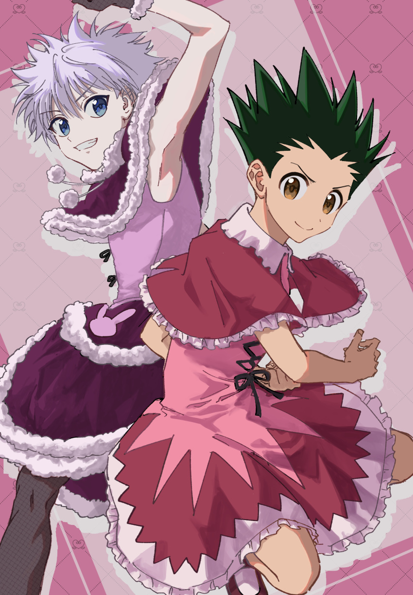 2boys, arm_up, armpits, biscuit_krueger, biscuit_krueger_(cosplay), black_gloves, black_pantyhose, blue_eyes