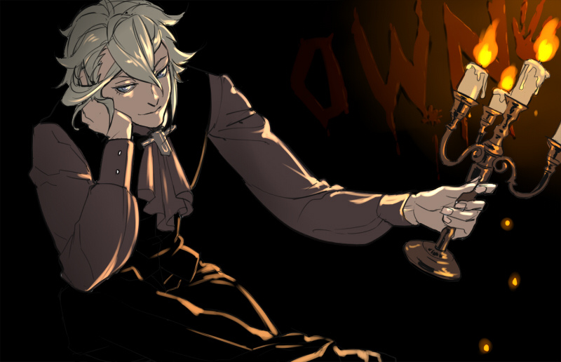 1boy, ascot, black_background, black_vest, blue_eyes, candle, candlestand, fire, grey_hair, hair_between_eyes, hand_on_own_cheek, hand_on_own_face, head_rest, holding, holding_candle_stand, imabboy, long_sleeves, looking_at_viewer, male_focus, original, pants, shirt, sitting, smile, solo, vest