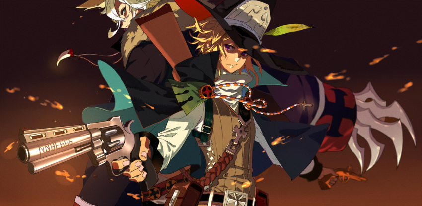 2boys, antique_firearm, belt, blonde_hair, brown_hair, cape, claws, dual_wielding, fire, gloves, gun, handgun, hat, holding, holding_gun, holding_weapon, imabboy, male_focus, multiple_boys, original, red_eyes, revolver, short_hair, violet_eyes, weapon