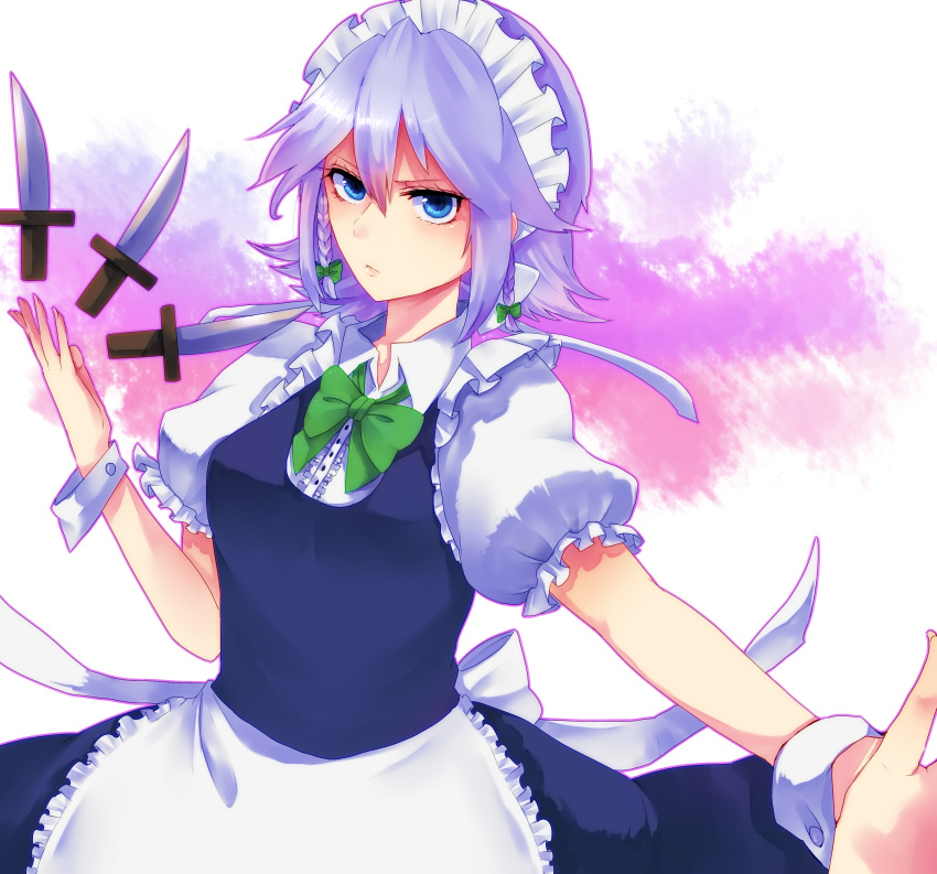 absurdres, blue_eyes, braid, highres, izayoi_sakuya, knife, lgw7, maid