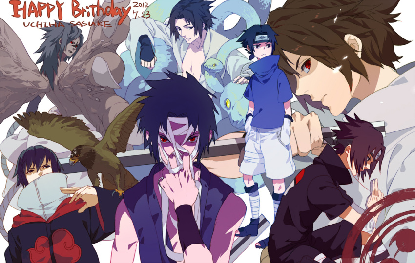 1boy, bandages, bird, black_hair, brown_hair, character_name, colored_sclera, dated