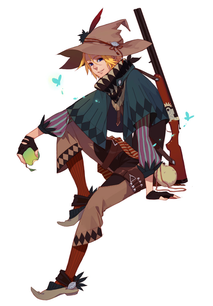 1boy, apple, belt, blonde_hair, blue_eyes, bug, butterfly, fingerless_gloves