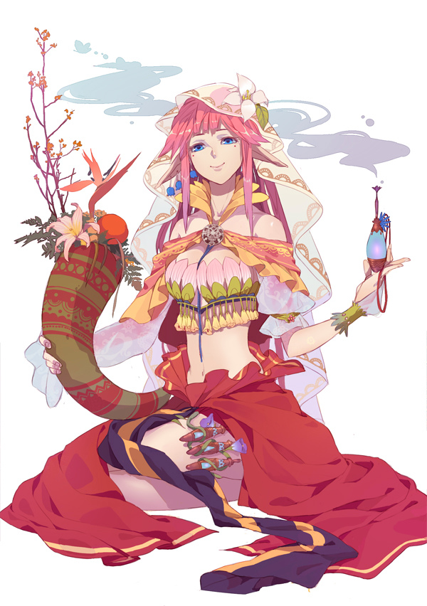 1girl, bare_shoulders, blue_eyes, breasts, earrings, flower, hair_ornament, imabboy