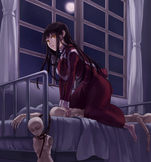 1girl, bad_id, bed, black_hair, choking, creepy, curtains, doll