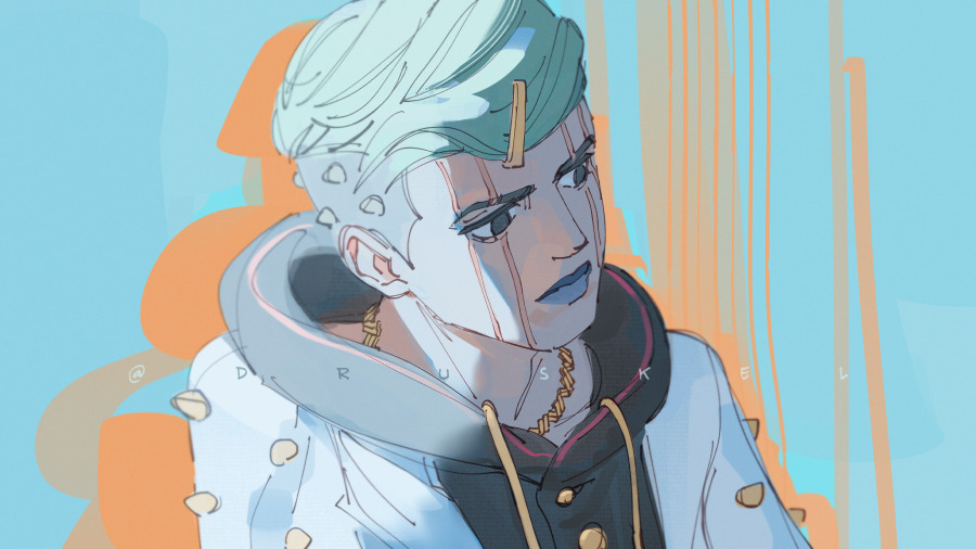 1boy, black_hood, blue_lips, druskel, green_hair, grey_hair, hair_ornament, hairclip, higashikata_jobin, hood, hoodie, jojo_no_kimyou_na_bouken, jojolion, looking_to_the_side, multicolored_hair, scar, scar_on_face, spiked_clothes, upper_body, white_hoodie
