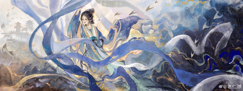 1girl, absurdres, architecture, arm_up, black_eyes, black_hair, black_ribbon, blue_hanfu