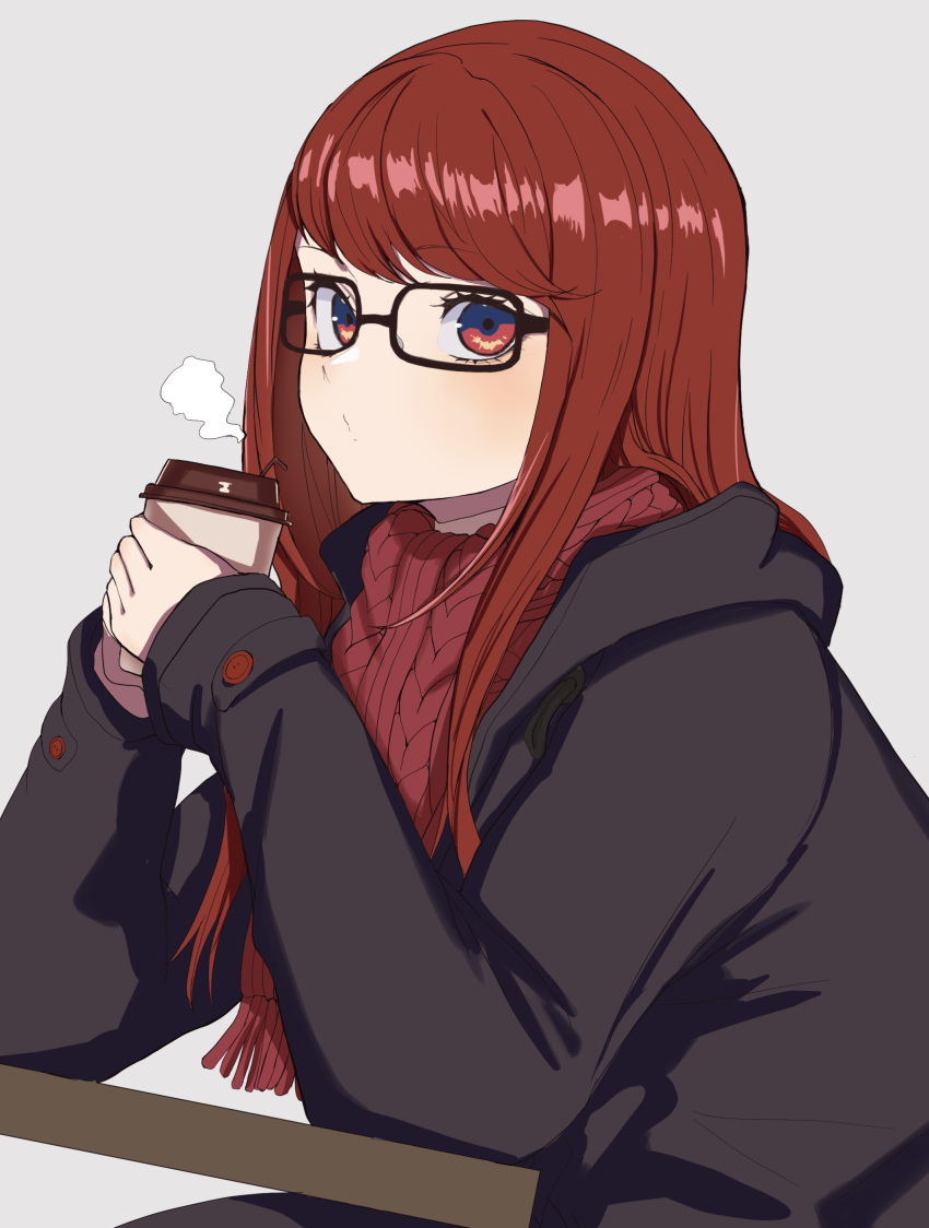 1girl, absurdres, black-framed_eyewear, black_coat, cable_knit, coat, commentary, cup