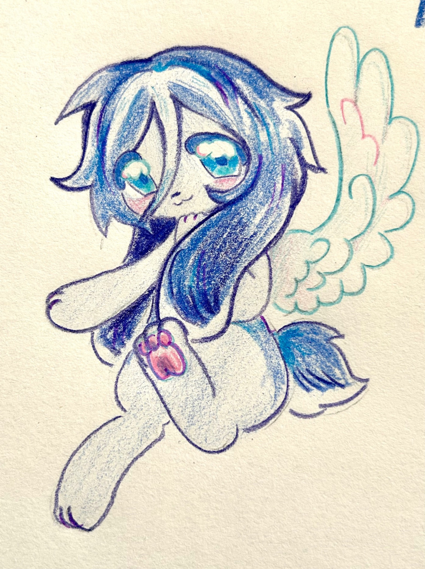 :3, angel_martinez, angel_wings, animal_ears, blue_hair, blush, clinical_trial_(game), colored_pencil_(medium)