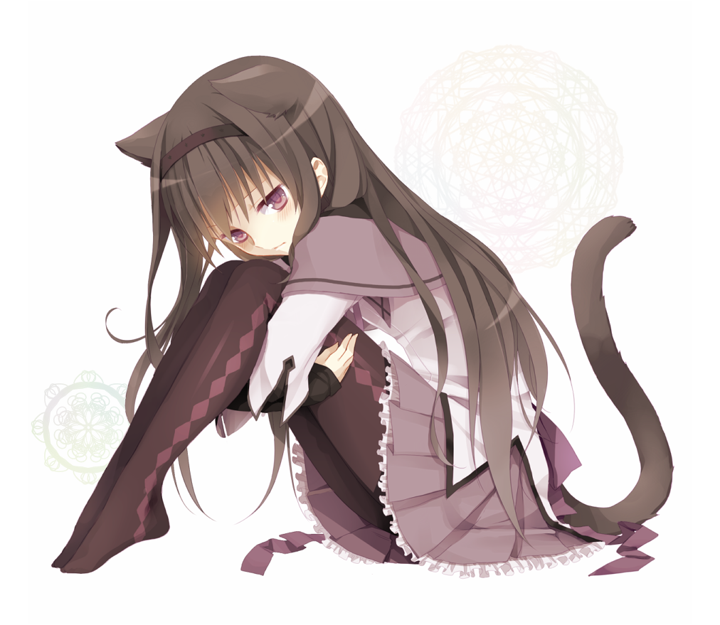 akemi_homura, akira_(ku0427), animal_ears, black_hair, blush, cat_ears, cat_tail, headband