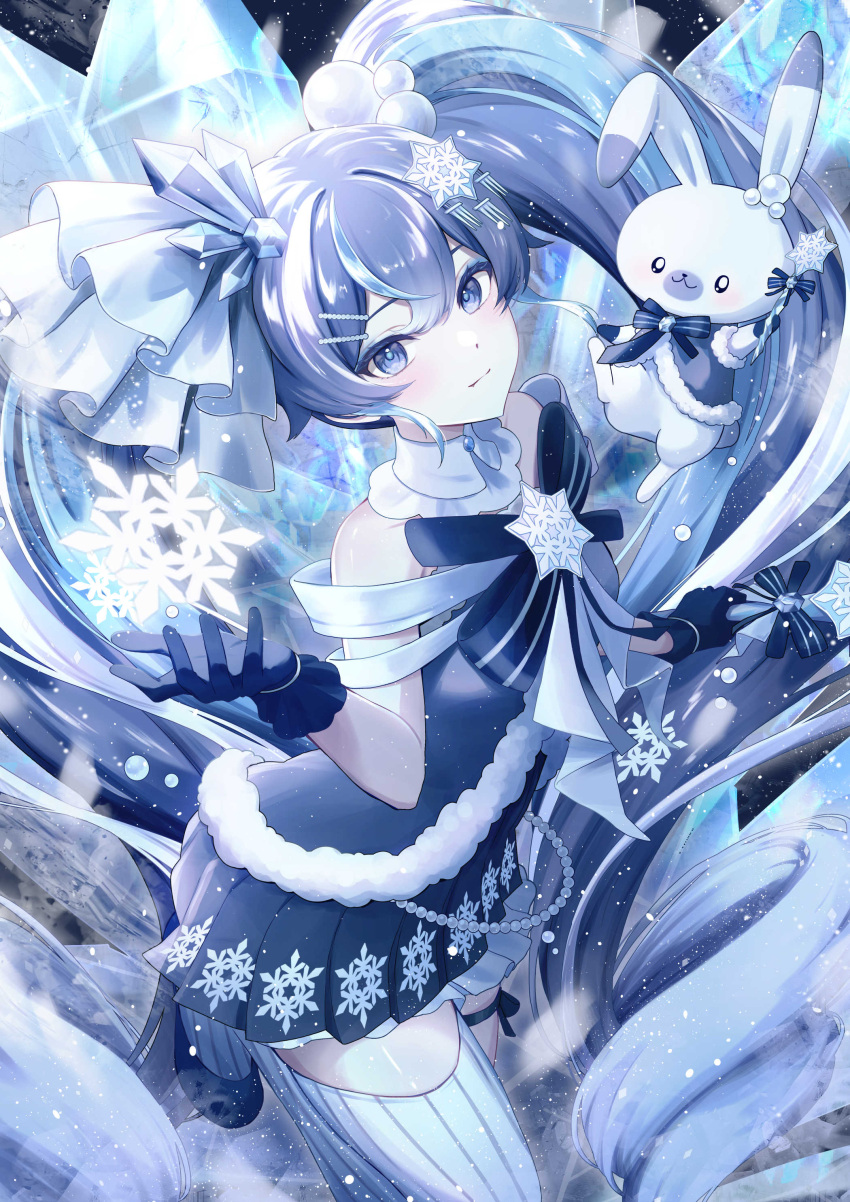 1girl, absurdres, awai_uta, bare_shoulders, black_background, black_gloves, black_shoes, blue_eyes