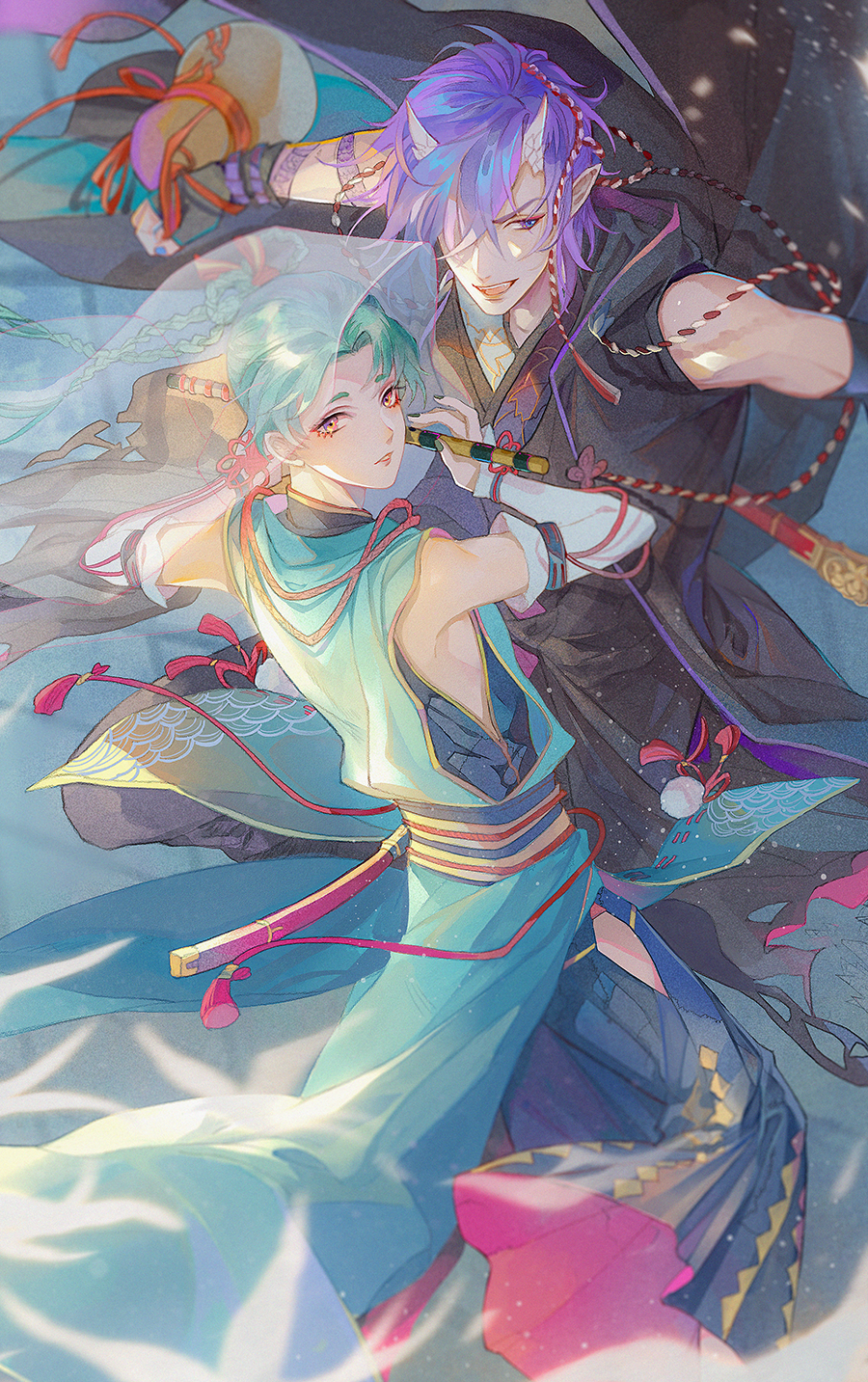 2boys, aqua_hair, bishounen, braid, character_request, detached_sleeves, facial_mark, flower